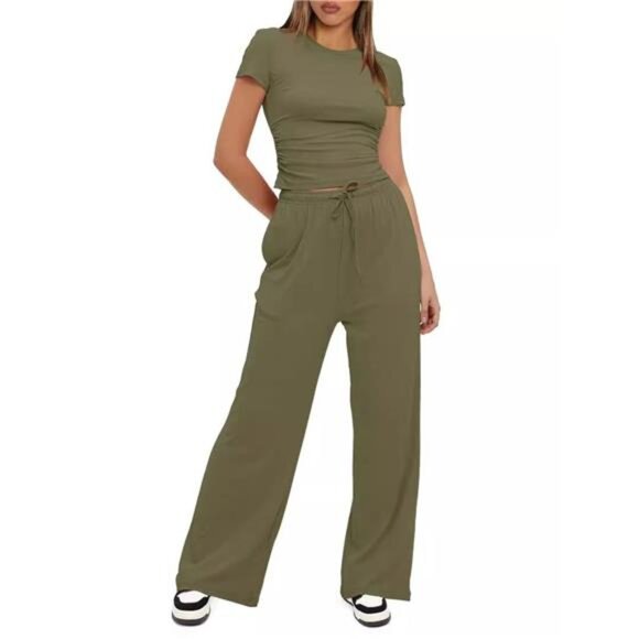 Round Neck Short Sleeve T-Shirt and Pants Set - Picture 1 of 15